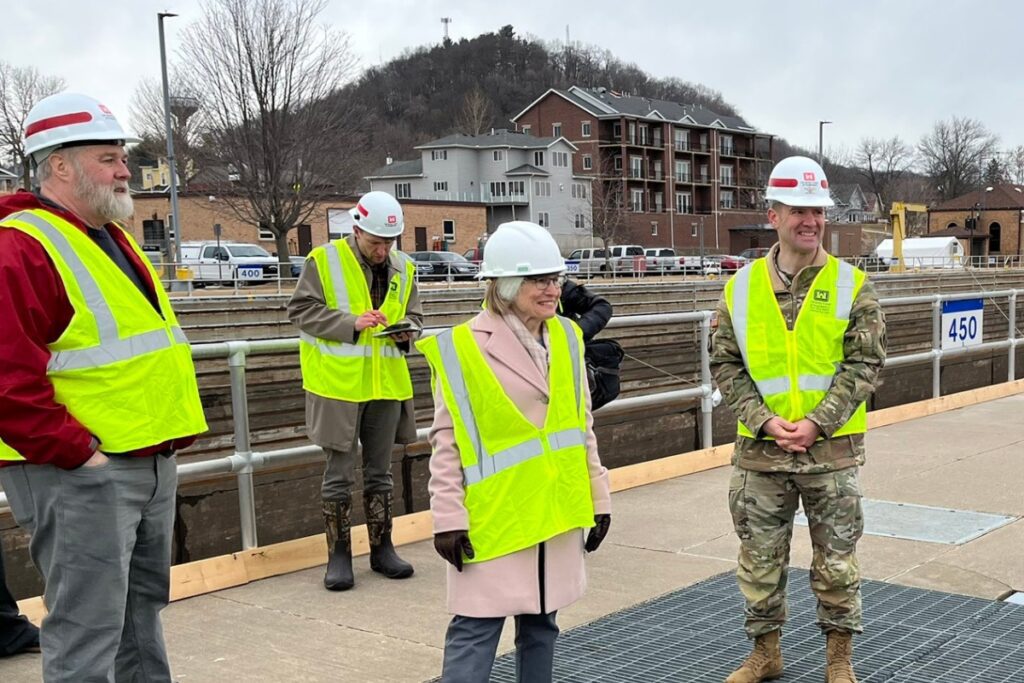 US Rep. Mariannette Miller-Meeks visits a lock and dam system along the Mississippi River. Miller-Meeks voted against a bill to fund the modernization of locks and dams on the Mississippi River in her district, but still claimed credit for the project. (Photo from Miller-Meeks' official Twitter account)
